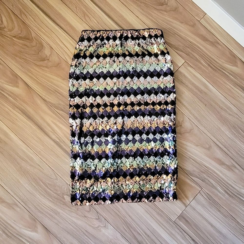 🍍3 For 50🍍Sequin Diamond-Pattern Midi Skirt - Black Multicolor - Picture 4 of 15